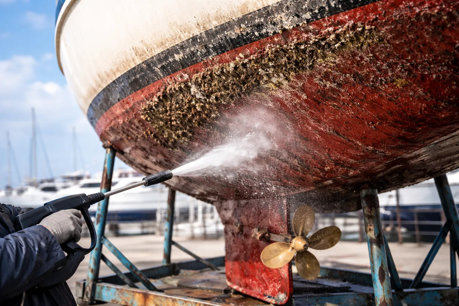 Nettoyage sous haute pression d'un bateau