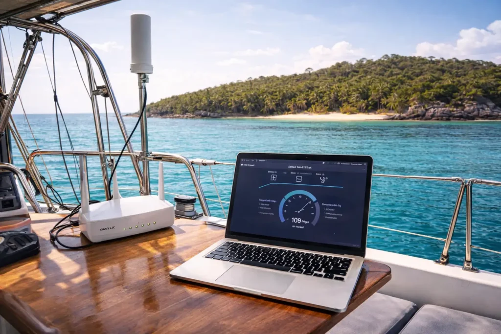 Voilier avec ordinateur et connexion internet