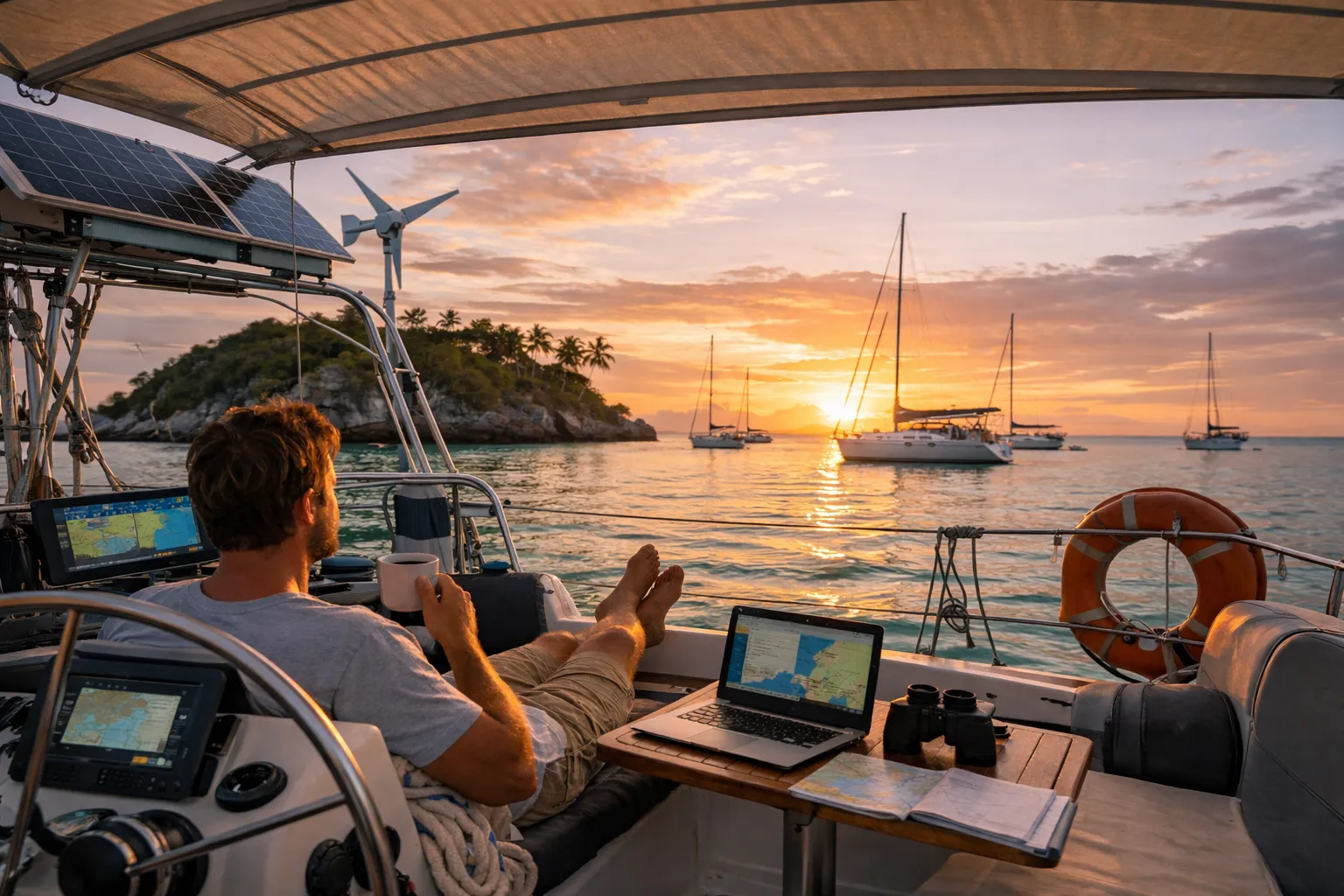 Vivre sur un voilier au mouillage et travailler à bord avec ordinateur
